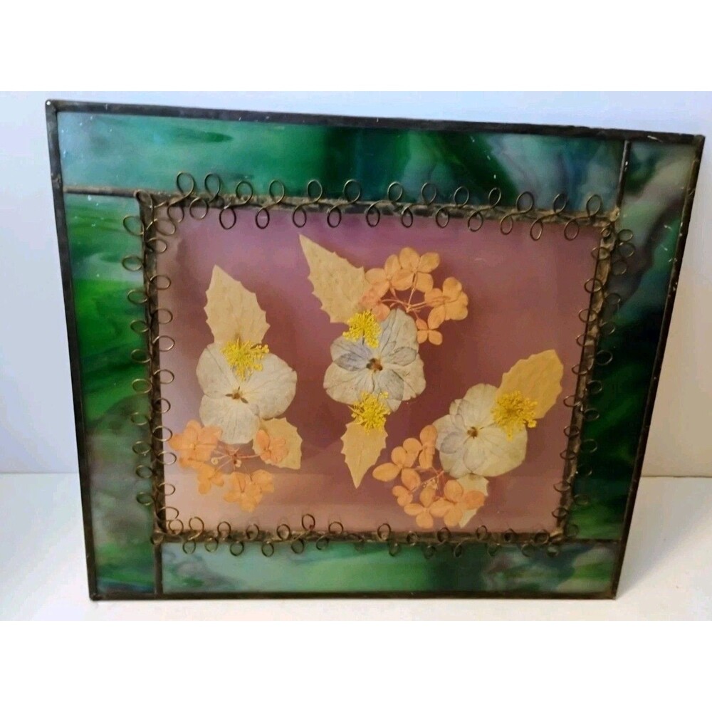 Vtg Stained Glass Pressed Flower Frame Suncatcher Slag Glass Boho Cottagecore